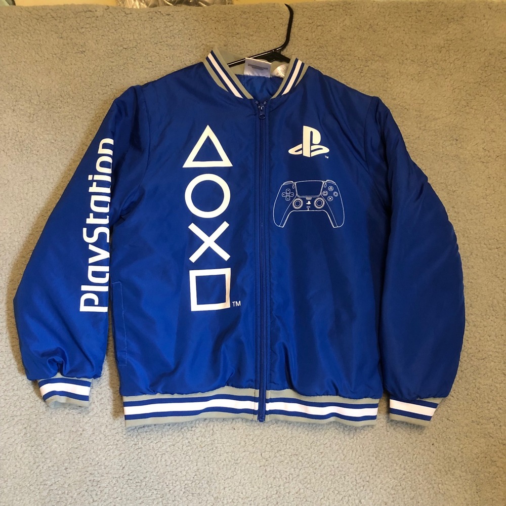 PlayStation Bomber Jacket Blue Kids 14/16 Mens Small Varsity Windbreaker PS5